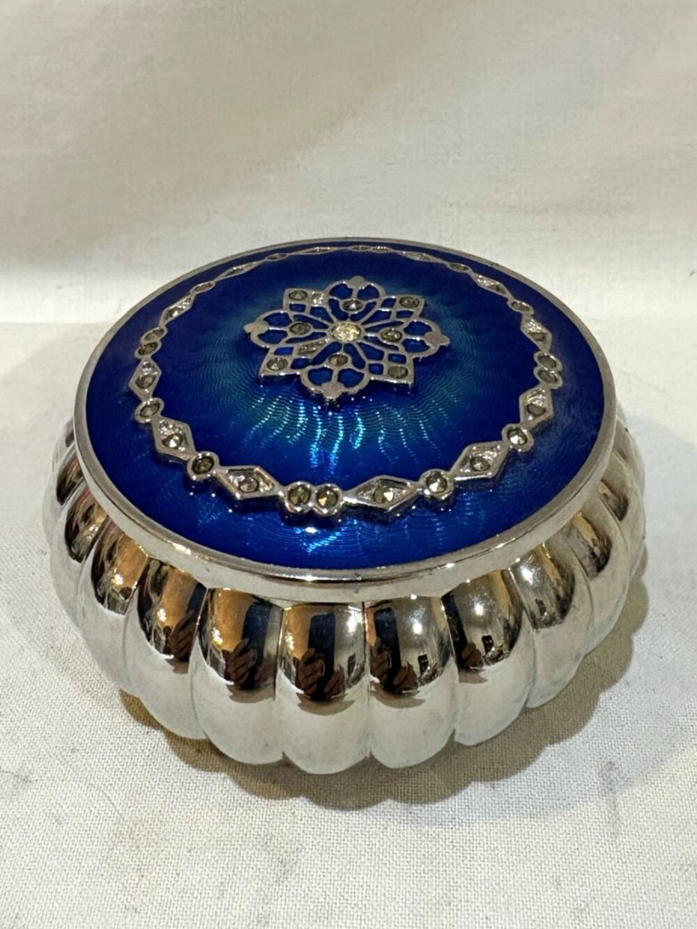 Enameled Jeweled Silvertone Trinket Box Jewelry Box by For Your Ease Only 2006